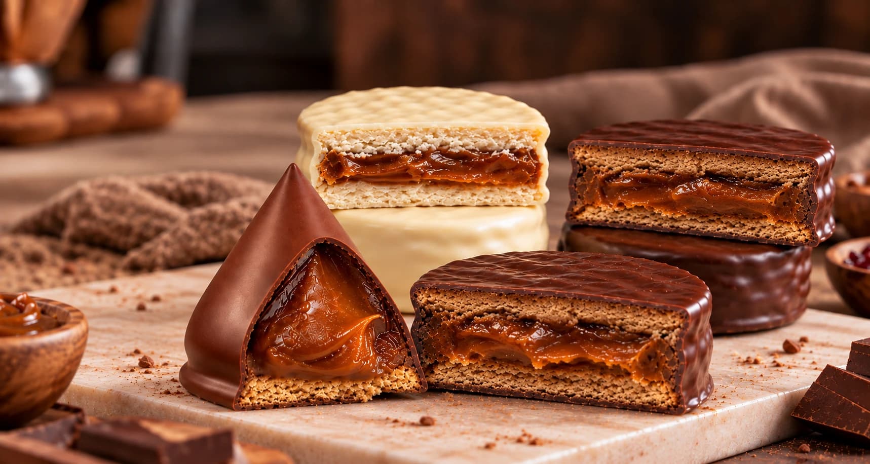 Conito y alfajores de chocolate negro y blanco cortados al medio, con el dulce de leche a la vista, sobre una tabla de piedra en una cocina cálida